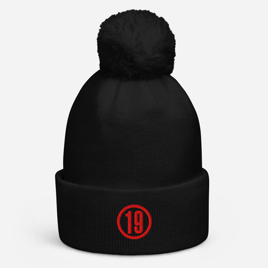 Embroidered Fire Pom Pom Beanie Hat