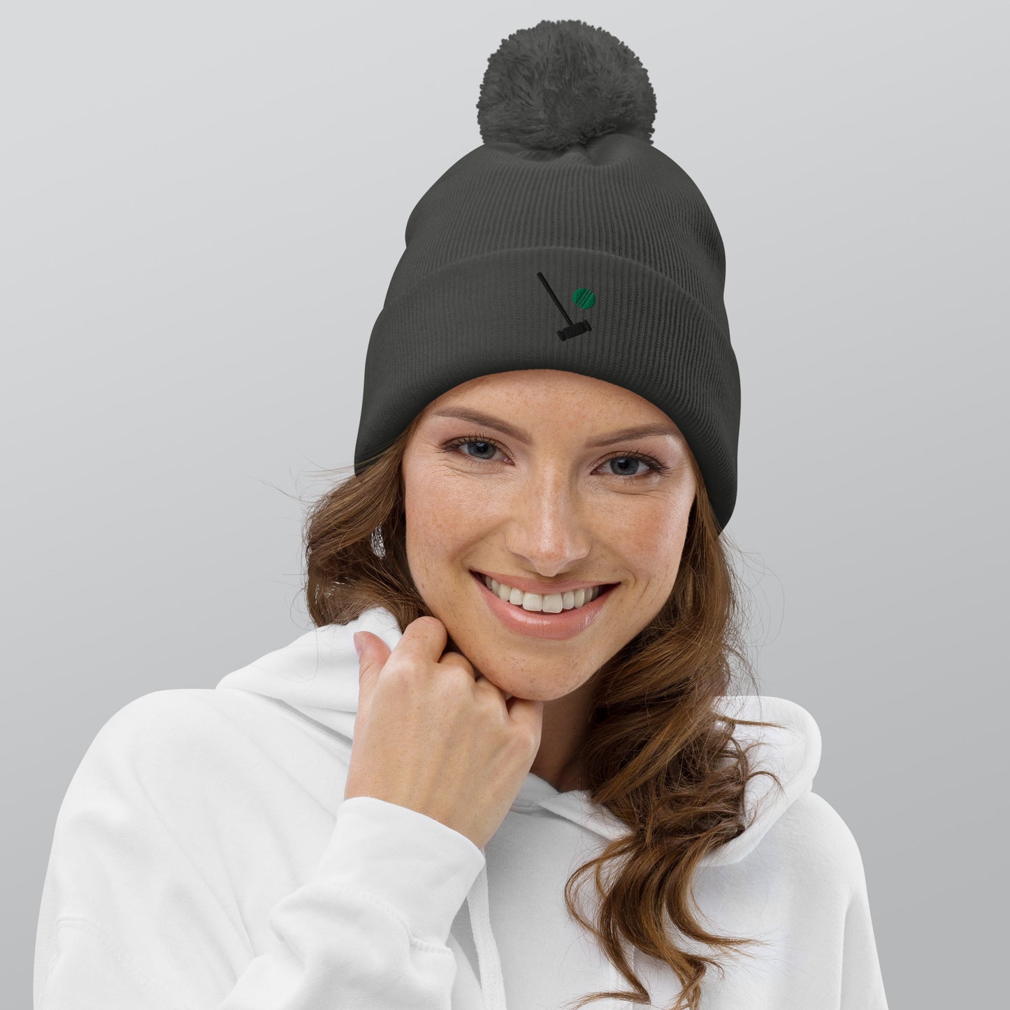 Heather Heather Duke Embroidered Pom Pom Beanie