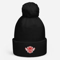 Embroidered Fire Pom Pom Beanie Hat